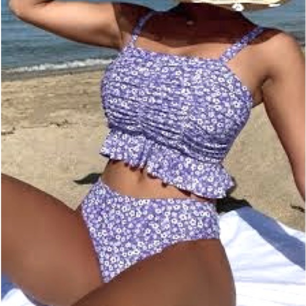 NWT Molybell Lavender Floral Smocked Tankini Set High Waisted Size L